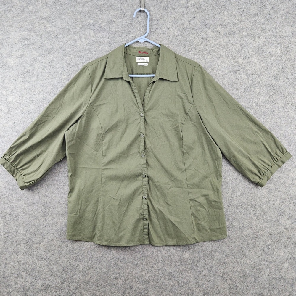 Old Navy Button Down Shirt Women XXL Army Green 3/4 Sleeve Stretch Perfect Fit